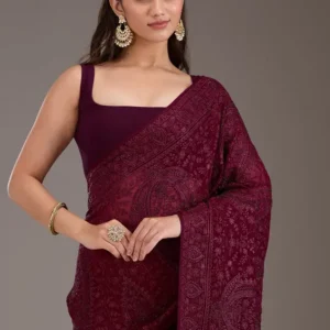 Wine Threadwork Georgette Saree